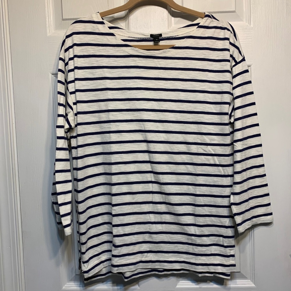 J.Crew Striped Long Sleeve Tee Size M Navy White Side Zippers Cotton Nautical